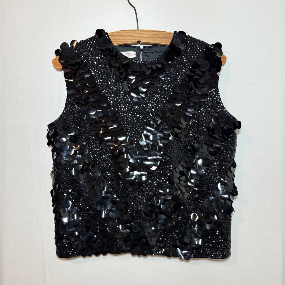 Vintage 1960’s black sequins sleeveless cocktail blouse large going out festive